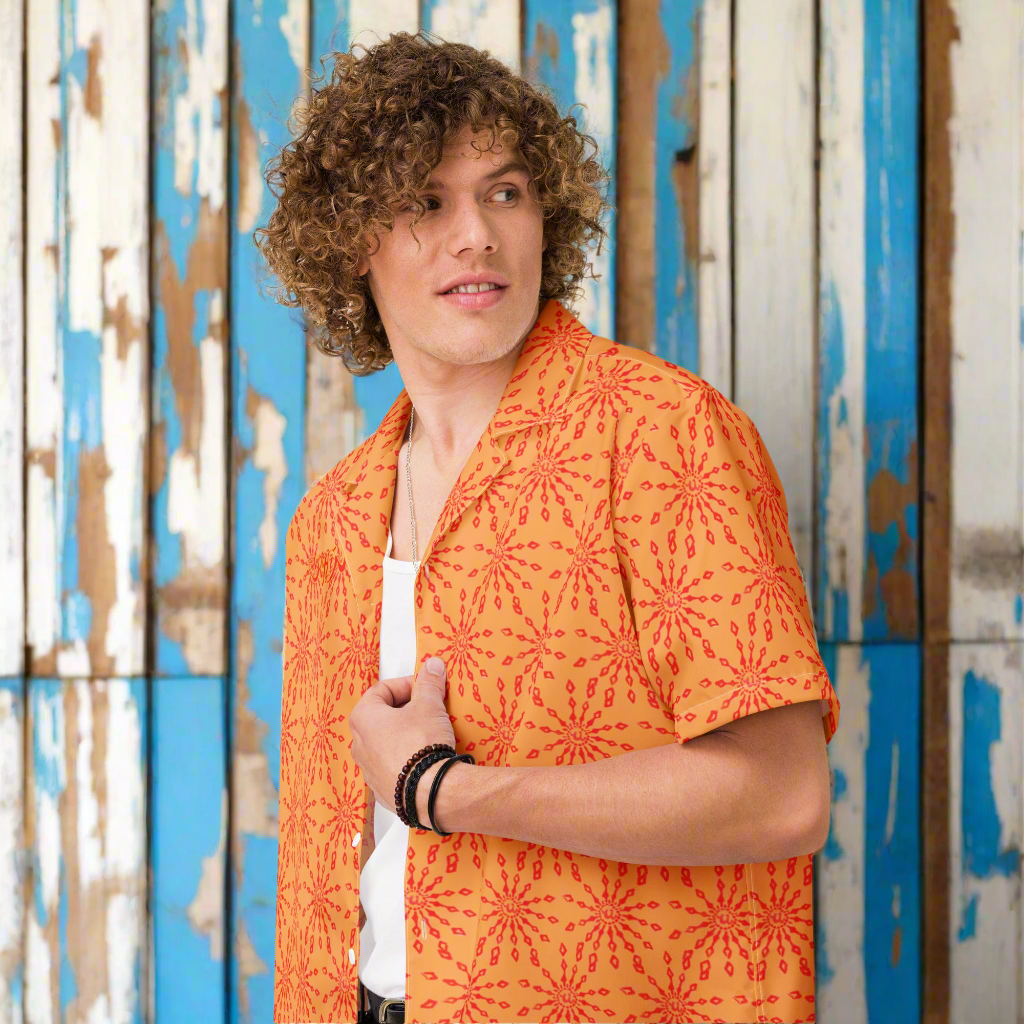 URCHIN 'U FIREWORK'. RED/ORANGE JUICE Unisex button shirt. Multiple Sizes.