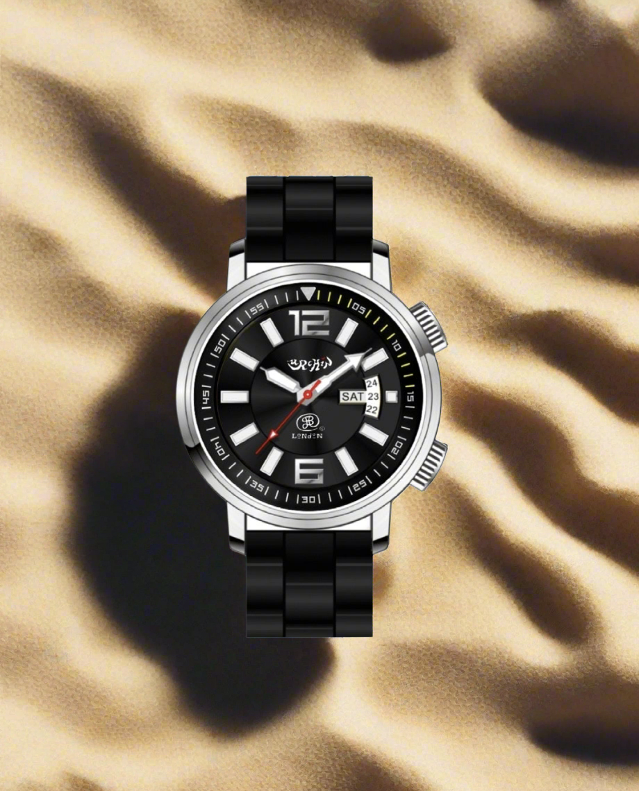 URCHIN Accessories & Watches. Black 'RETRO DIVER' 'Urchin London' Logo Watch. Rubber Strap. *To Order only.