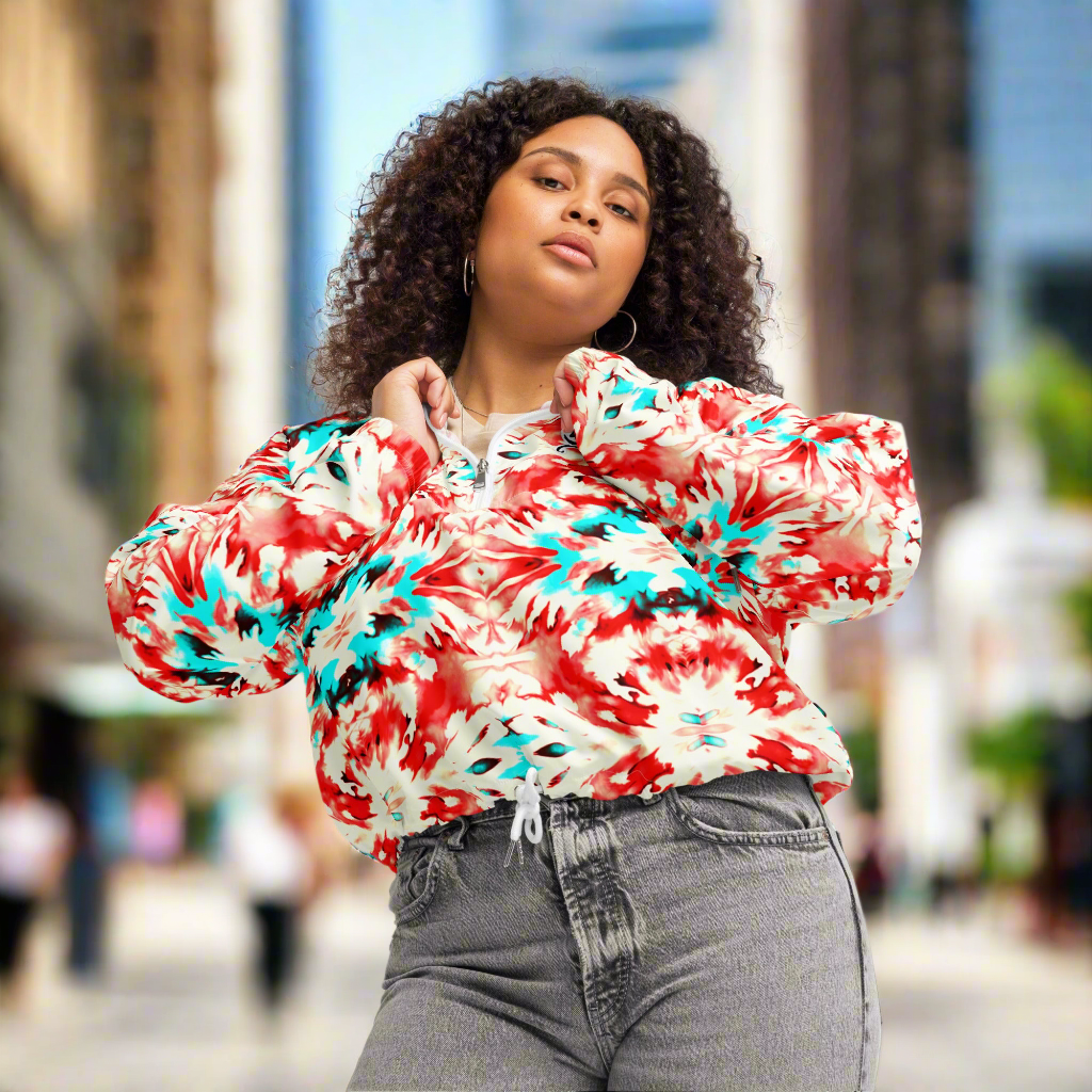 URCHIN Clothes & Sportswear 'CORAL SEA' Red and Blue Tie Dye. Women’s Cropped Windbreaker. Choice of Sizes.