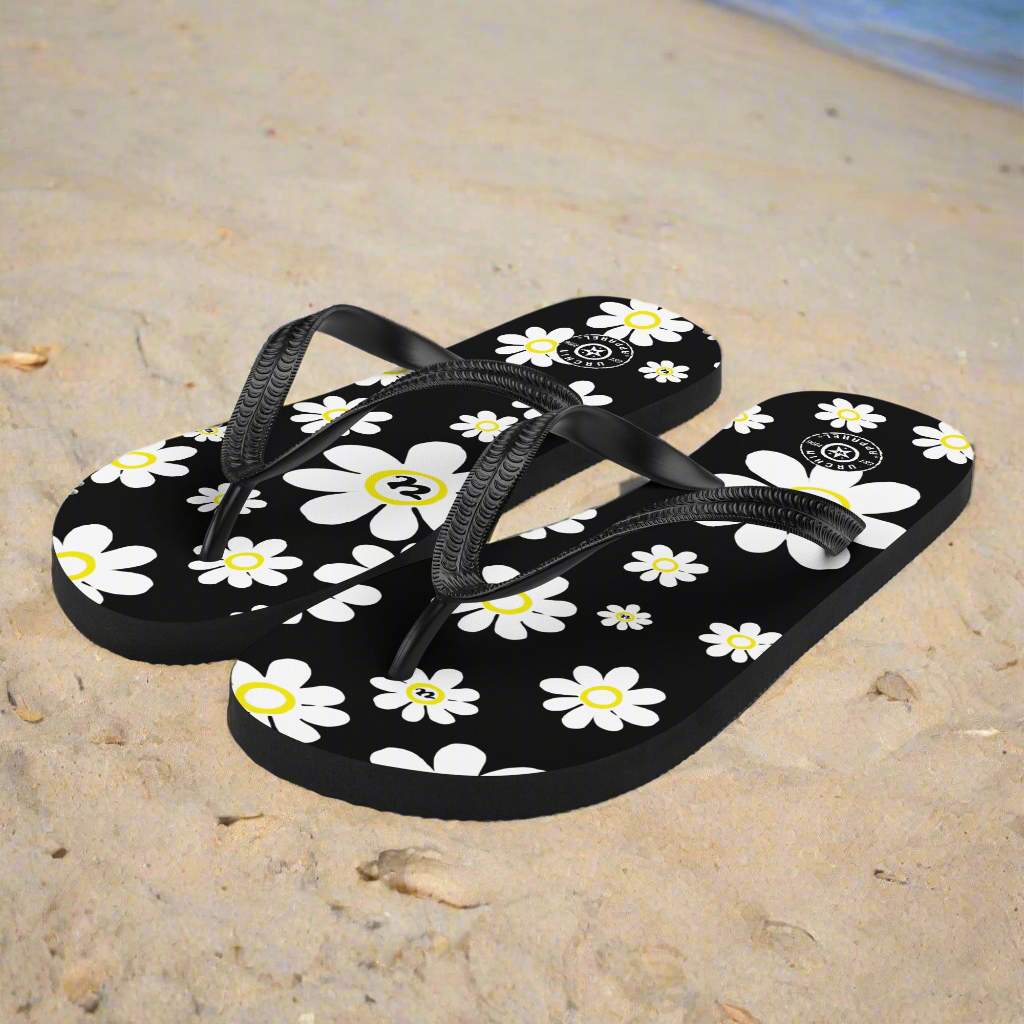 URCHIN 'U DAISY' Black. Unisex Flip-Flops. Choice of 3 Sizes.