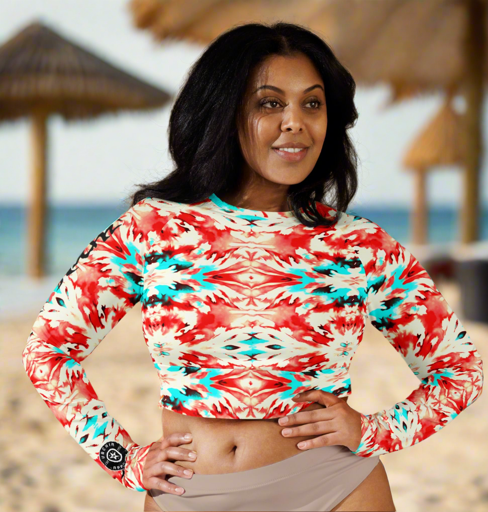 URCHIN Clothes & Sportswear 'CORAL SEA' Red and Blue Tie Dye Womens Recycled Long Sleeve Crop Top. Choice of Sizes.