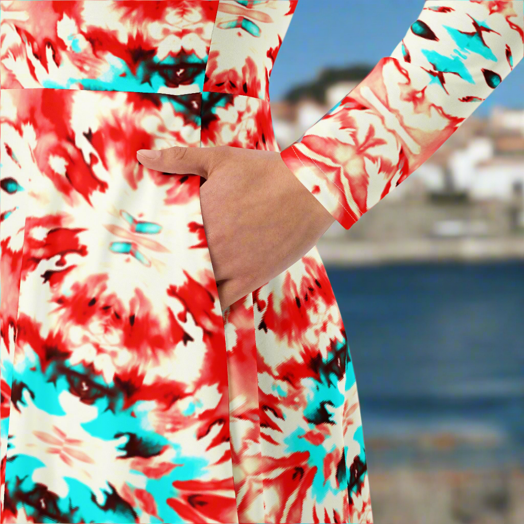 URCHIN Clothes 'CORAL SEA' Red and Blue Tie Dye. Long Sleeve Midi Dress. Choice of Sizes.