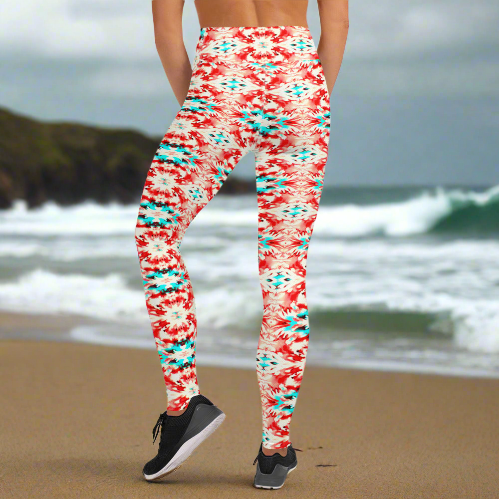 URCHIN Clothes & Sportswear 'CORAL SEA' Red and Blue Tie Dye. Yoga Leggings. Choice of Sizes.