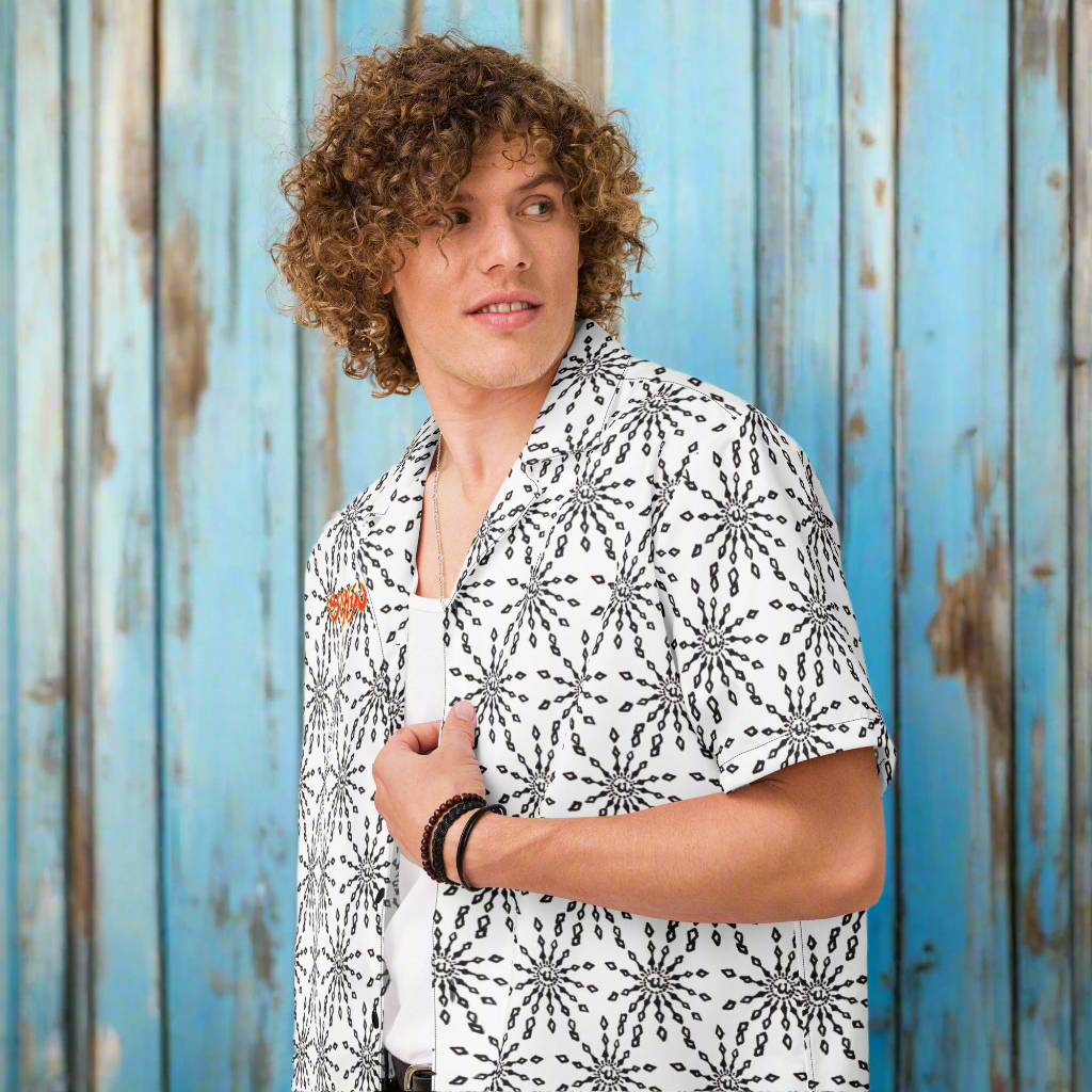 URCHIN 'U FIREWORK'. BLACK/CLOUD Unisex button shirt. Multiple Sizes.