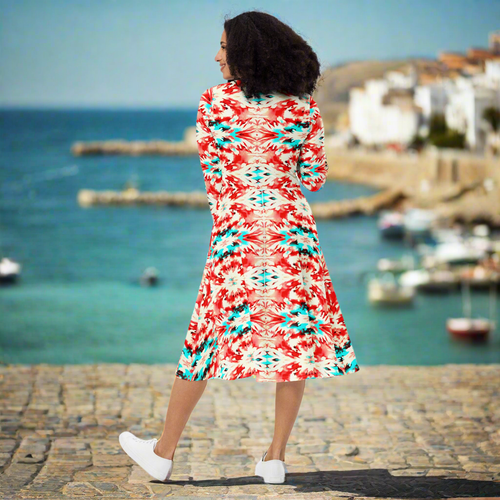 URCHIN Clothes 'CORAL SEA' Red and Blue Tie Dye. Long Sleeve Midi Dress. Choice of Sizes.