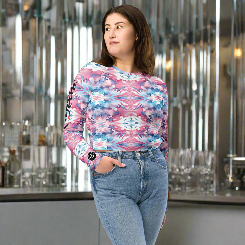 URCHIN Clothes & Sportswear 'CORAL SEA' Pink and Blue Tie Dye. Recycled Long-Sleeve Crop Top. Choice of Sizes.