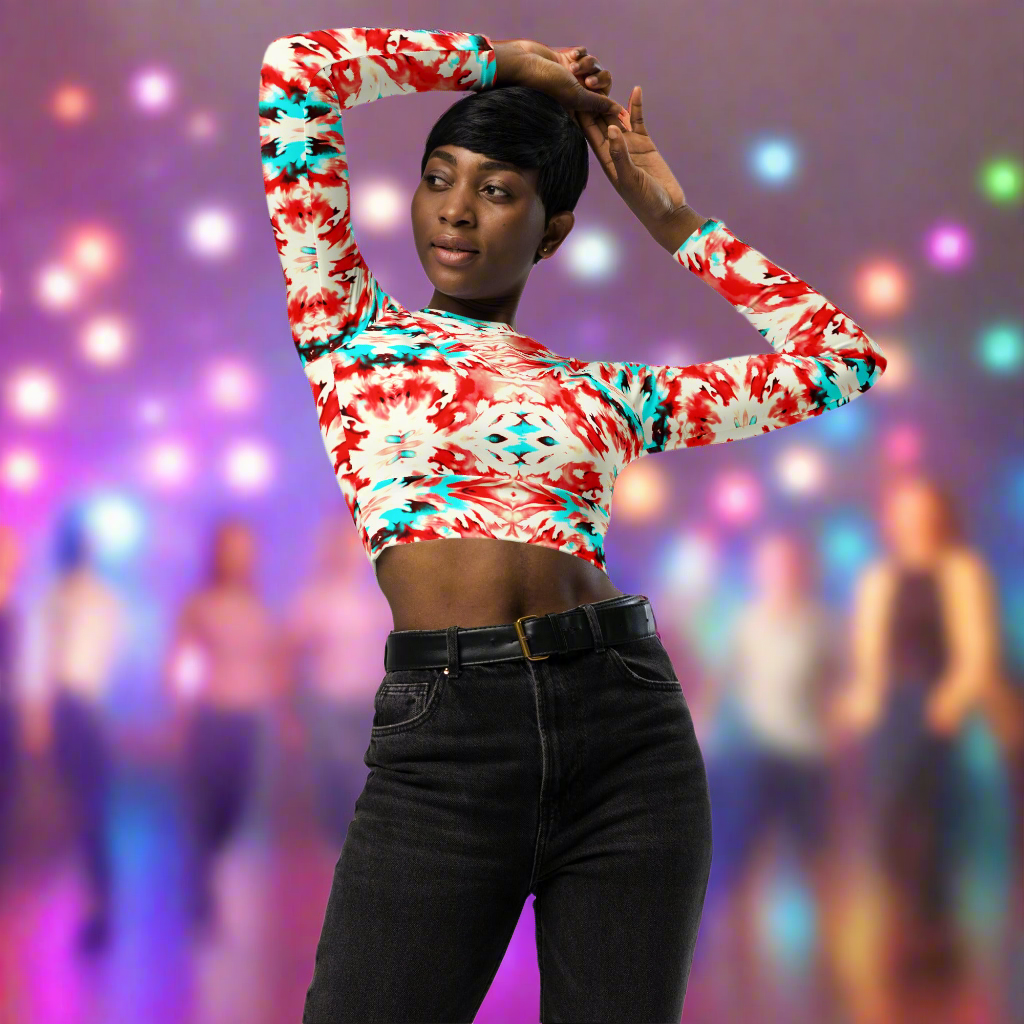 URCHIN Clothes & Sportswear 'CORAL SEA' Red and Blue Tie Dye Womens Recycled Long Sleeve Crop Top. Choice of Sizes.