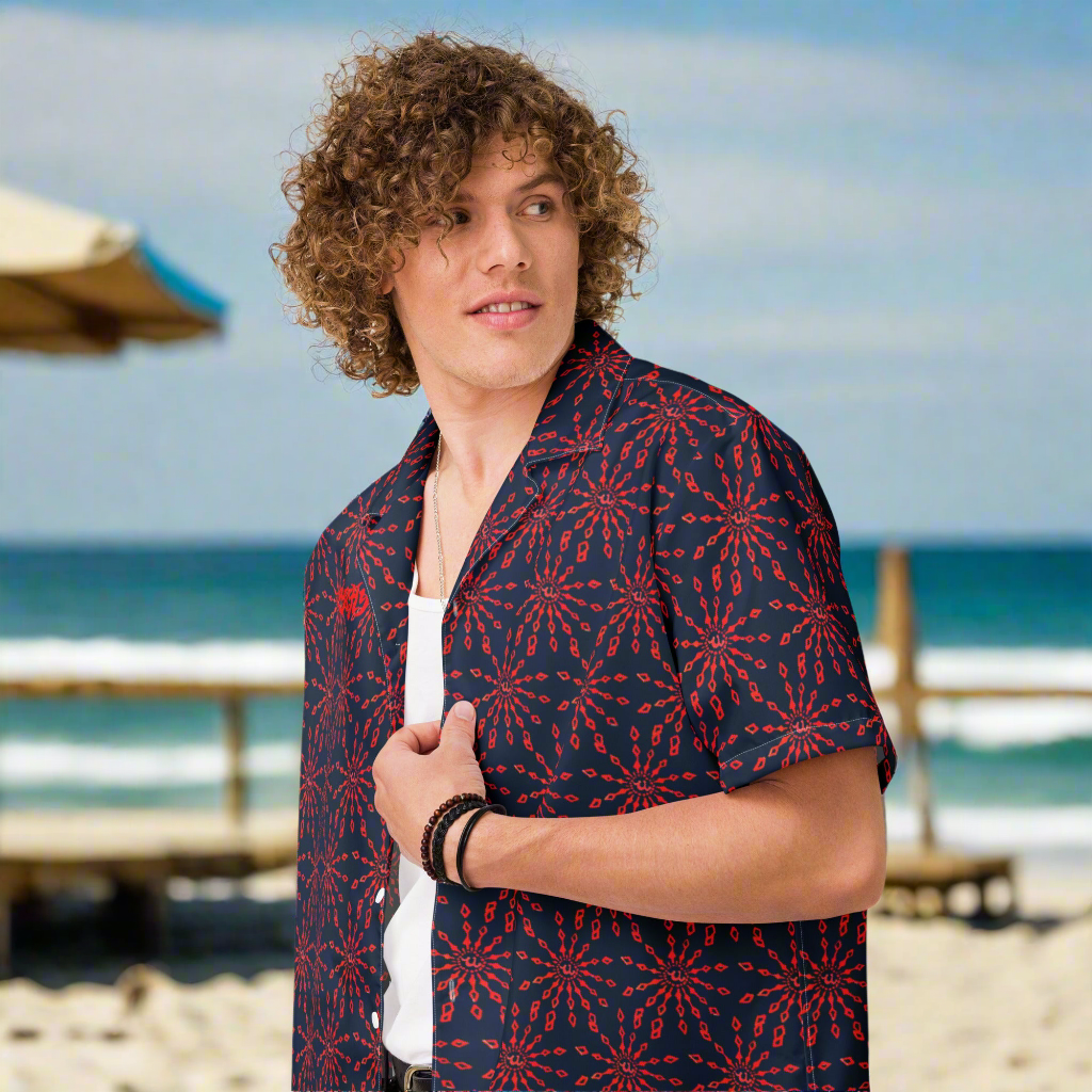 URCHIN 'U FIREWORK'. RED/BLUEBERRY Unisex button shirt. Multiple Sizes.