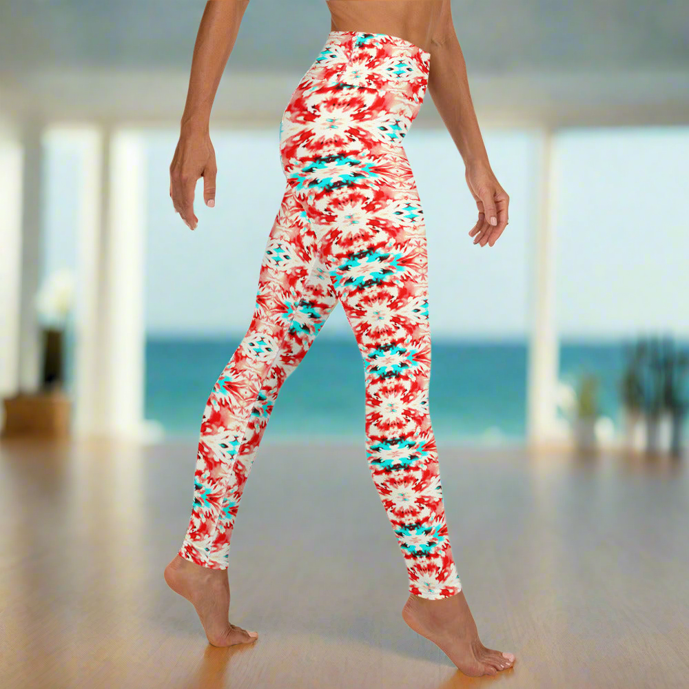 URCHIN Clothes & Sportswear 'CORAL SEA' Red and Blue Tie Dye. Yoga Leggings. Choice of Sizes.
