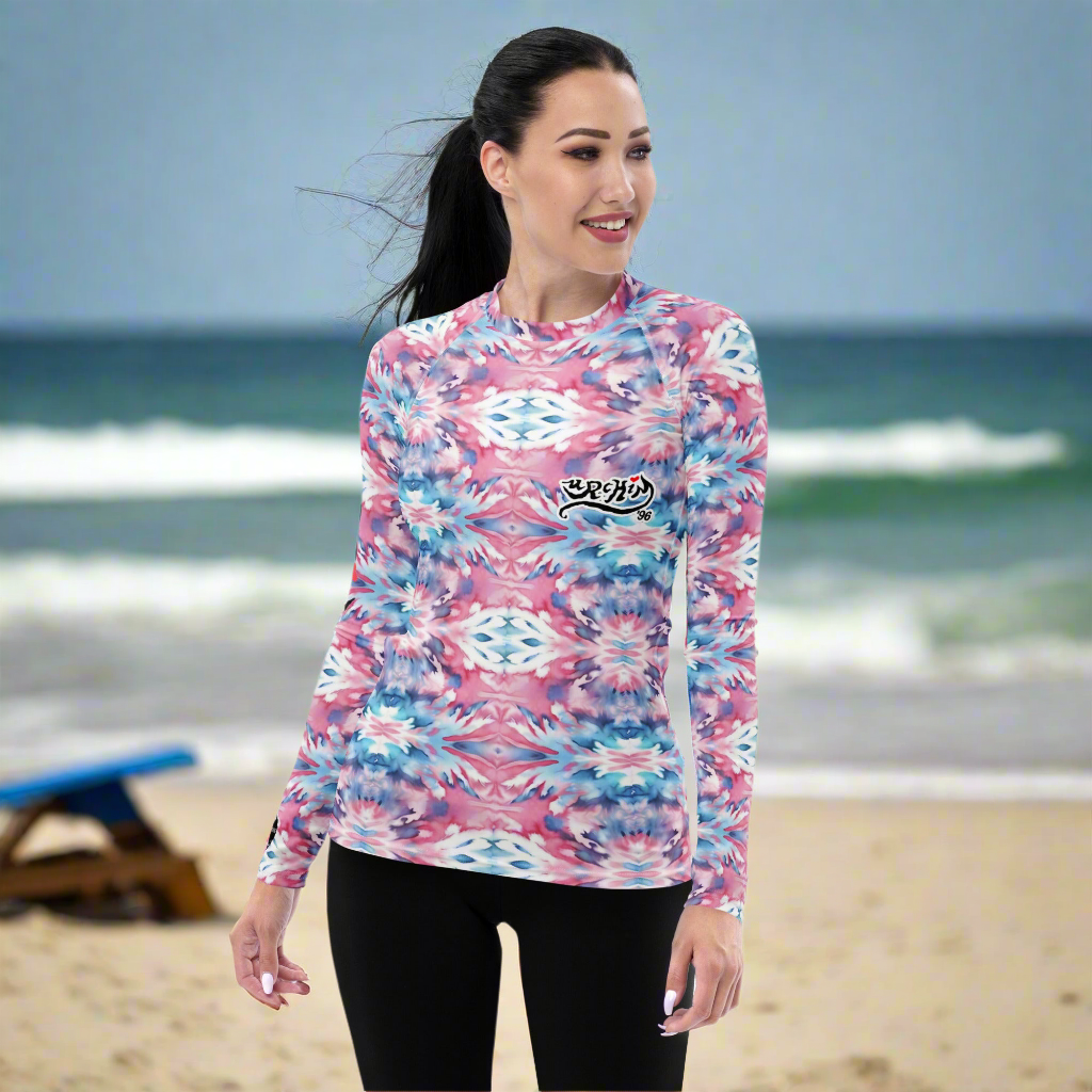 URCHIN Clothes & Swimwear. 'CORAL SEA' Pink and Blue Tie Dye. Womens Rash Guard. Choice of Sizes.