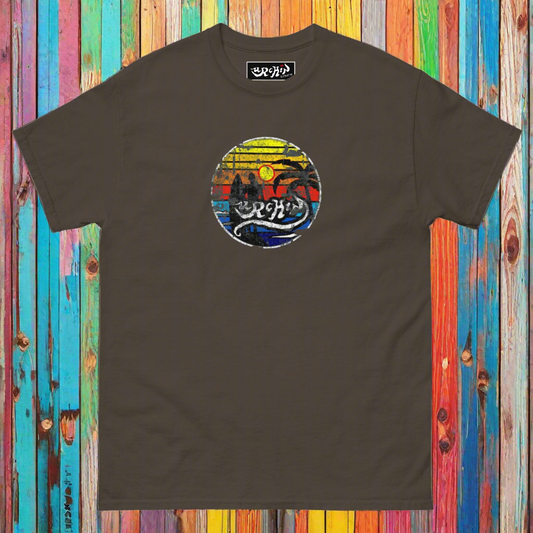 URCHIN Clothes -'Surfer Sunrise' Urchin Logo. Round. Cotton T Shirt. Choice of Colours. Unisex.
