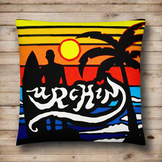 URCHIN Pillow -'Surfer Sunrise'. 'Surf, Party, Surf, Dance, Surf, Eat, Sleep, Repeat' Reverse ( Large ).