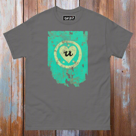 URCHIN Clothes -'LOVE U' Cream on Blue- Old Poster. Cotton T Shirt. Choice of Colours. Unisex.