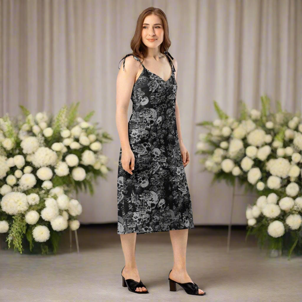 DARK URCHIN-'U Skull Storm' Skulls, Hearts Daggers, & Roses Tattoo Design. Tie-strap midi dress. Colour 'Night' (Black) Choice of Sizes.