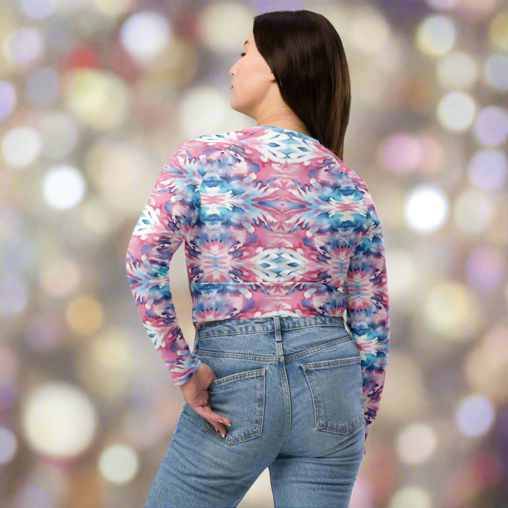 URCHIN Clothes & Sportswear 'CORAL SEA' Pink and Blue Tie Dye. Recycled Long-Sleeve Crop Top. Choice of Sizes.