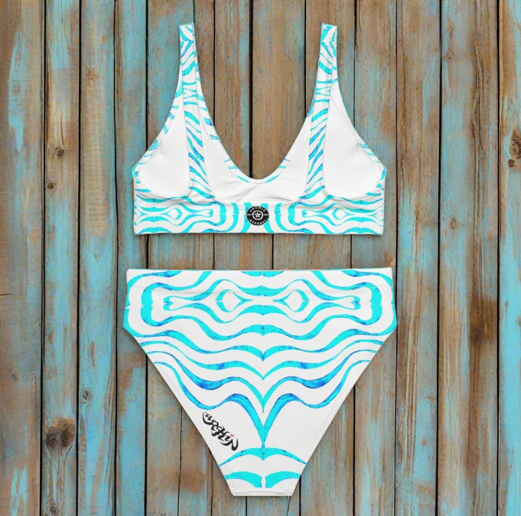 URCHIN Clothes & Swimwear. 'TATTOO WAVE' BLUE. Recycled high-waisted bikini.