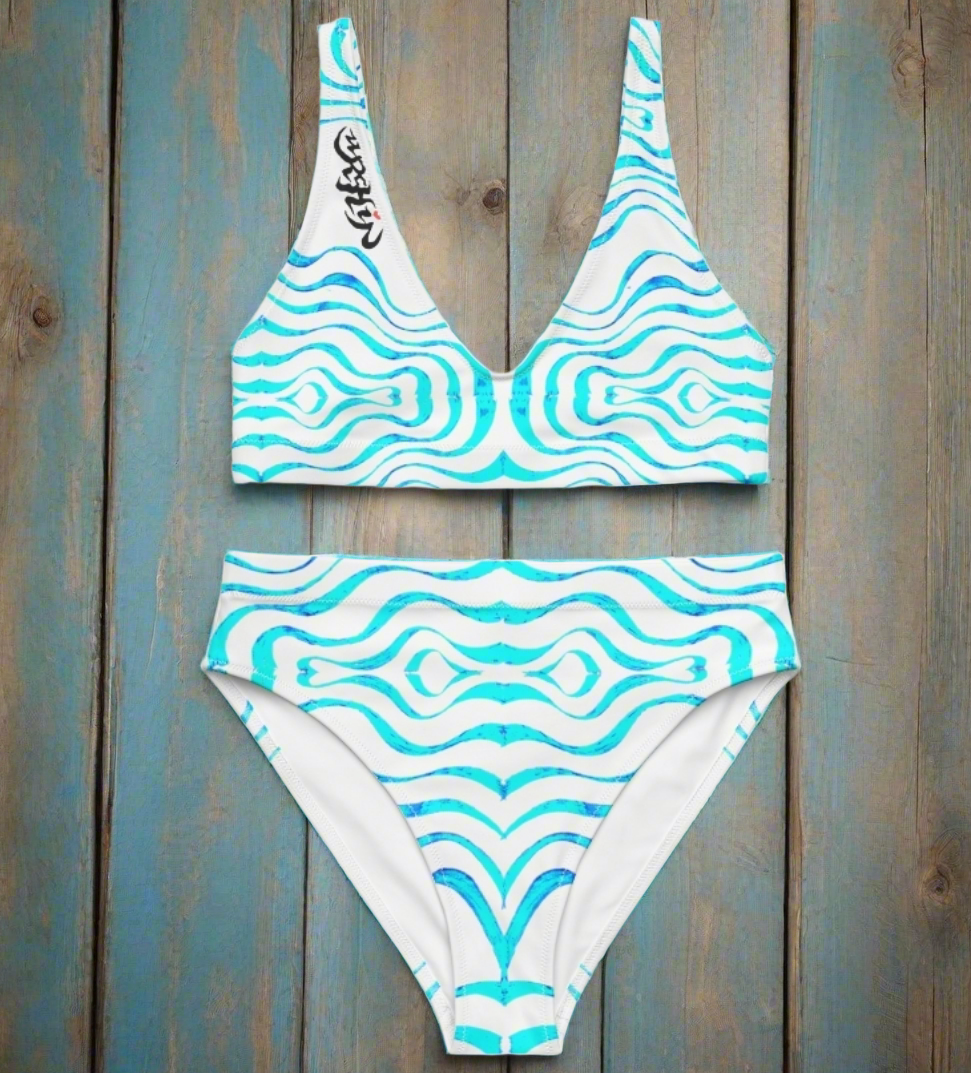 URCHIN Clothes & Swimwear. 'TATTOO WAVE' BLUE. Recycled high-waisted bikini.
