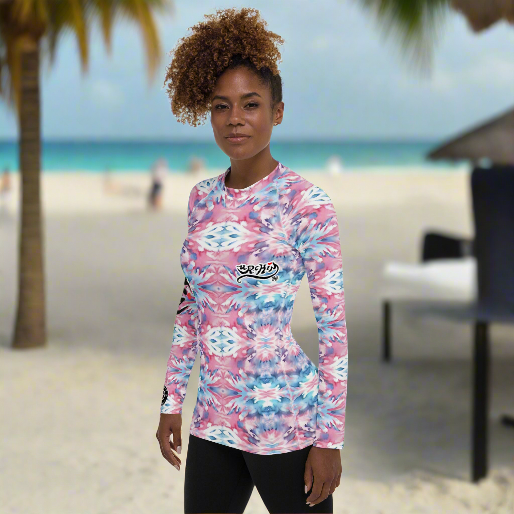 URCHIN Clothes & Swimwear. 'CORAL SEA' Pink and Blue Tie Dye. Womens Rash Guard. Choice of Sizes.