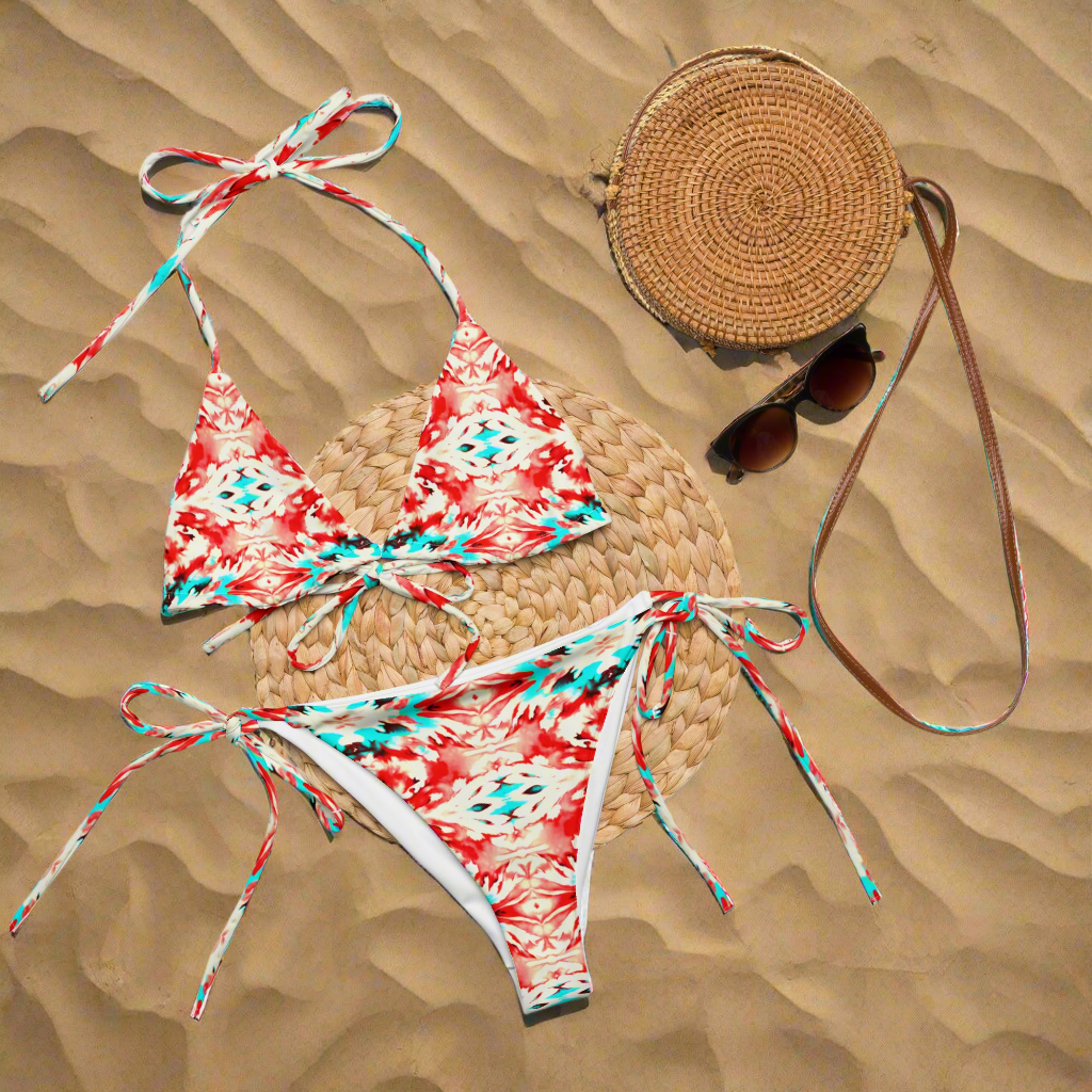 URCHIN Clothes & Swimwear. 'CORAL SEA' Red and Blue Tie Dye. Recycled String Bikini. Choice of Sizes.