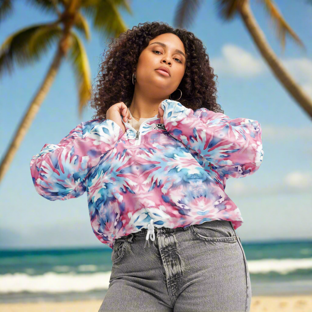URCHIN Clothes & Sportswear 'CORAL SEA' Pink and Blue Tie Dye. Women’s cropped windbreaker. Choice of Sizes.