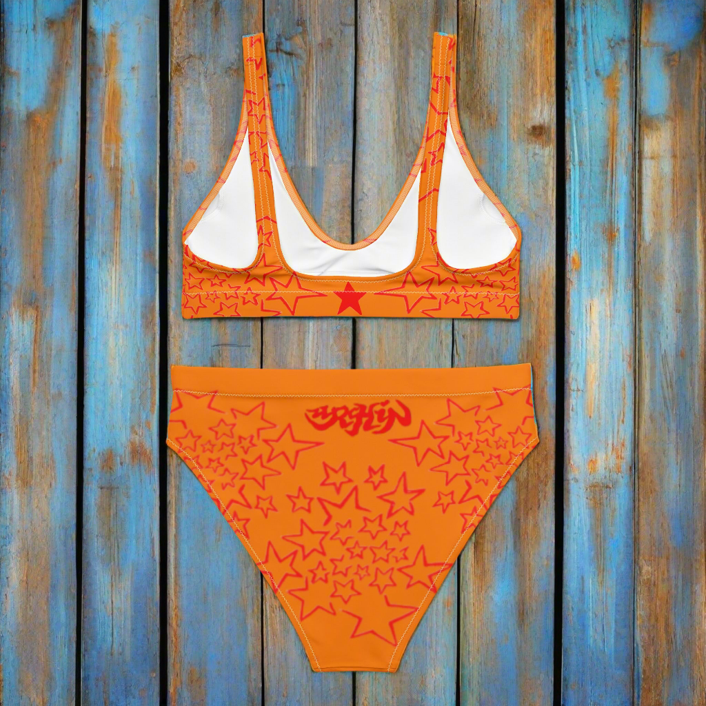 URCHIN Clothes & Swimwear. 'U STAR' Red & Orange. Recycled high-waisted bikini. Choice of Sizes.