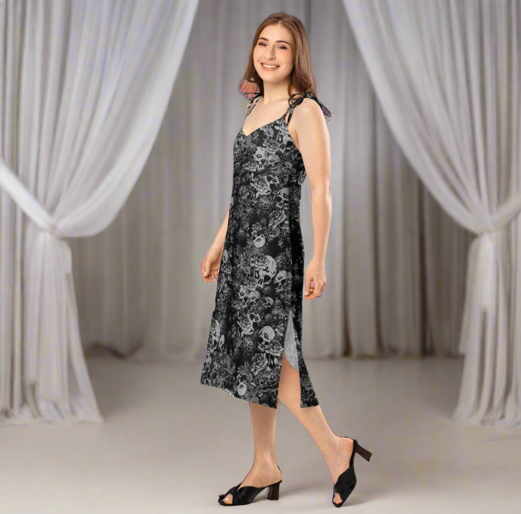 DARK URCHIN-'U Skull Storm' Skulls, Hearts Daggers, & Roses Tattoo Design. Tie-strap midi dress. Colour 'Night' (Black) Choice of Sizes.