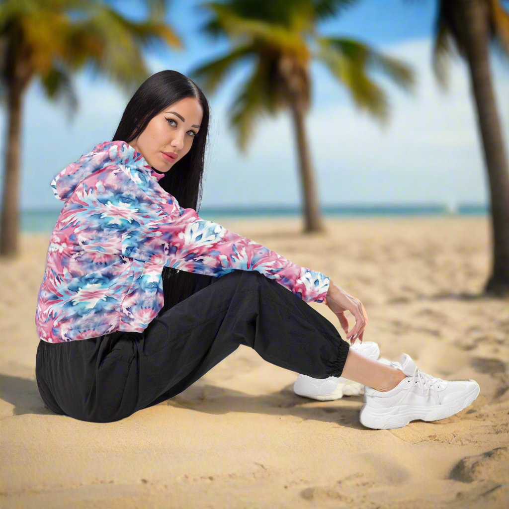 URCHIN Clothes & Sportswear 'CORAL SEA' Pink and Blue Tie Dye. Women’s cropped windbreaker. Choice of Sizes.
