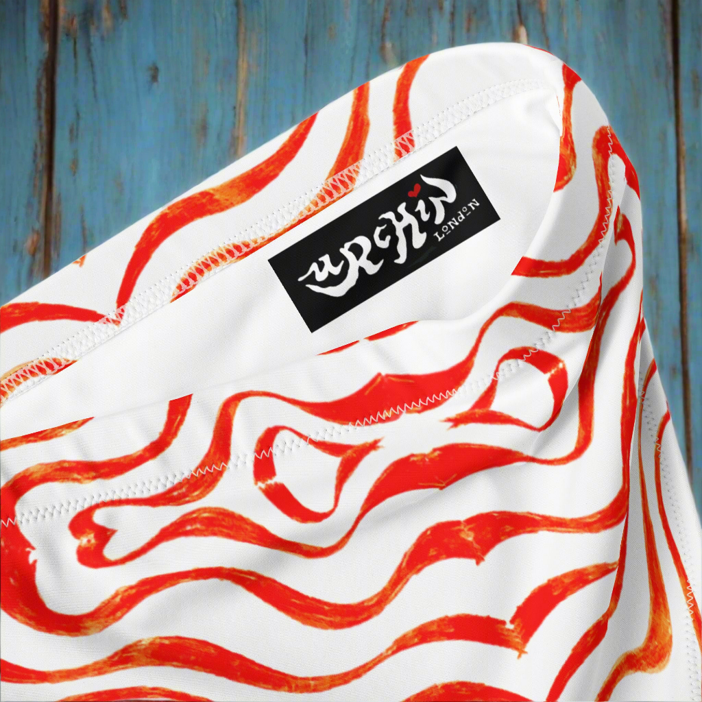 URCHIN Clothes & Swimwear. 'TATTOO WAVE' RED. Recycled high-waisted bikini bottom. Choice of Sizes.