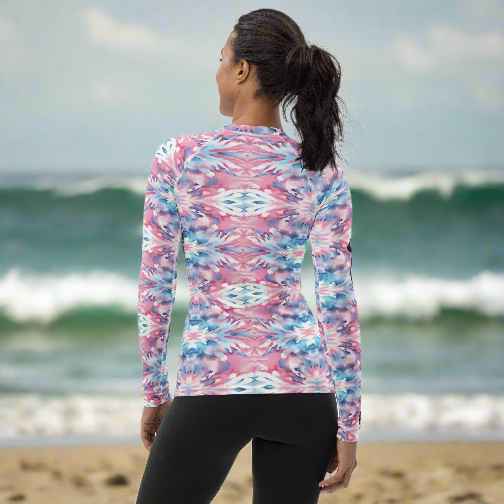 URCHIN Clothes & Swimwear. 'CORAL SEA' Pink and Blue Tie Dye. Womens Rash Guard. Choice of Sizes.