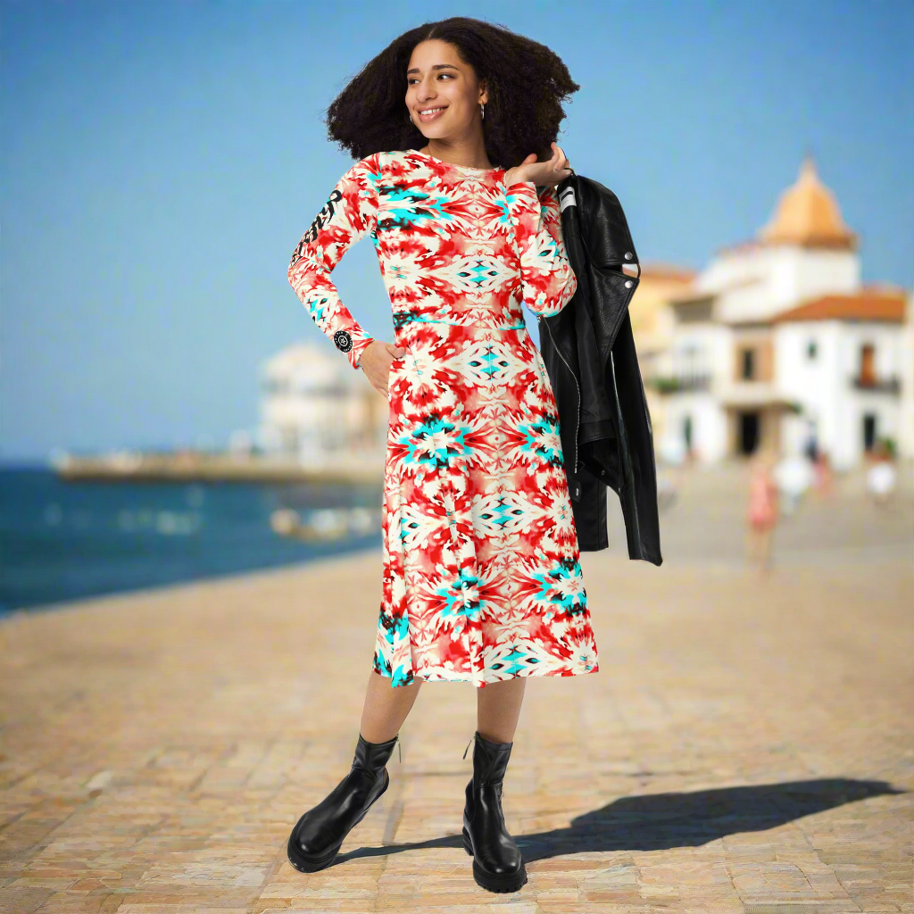 URCHIN Clothes 'CORAL SEA' Red and Blue Tie Dye. Long Sleeve Midi Dress. Choice of Sizes.