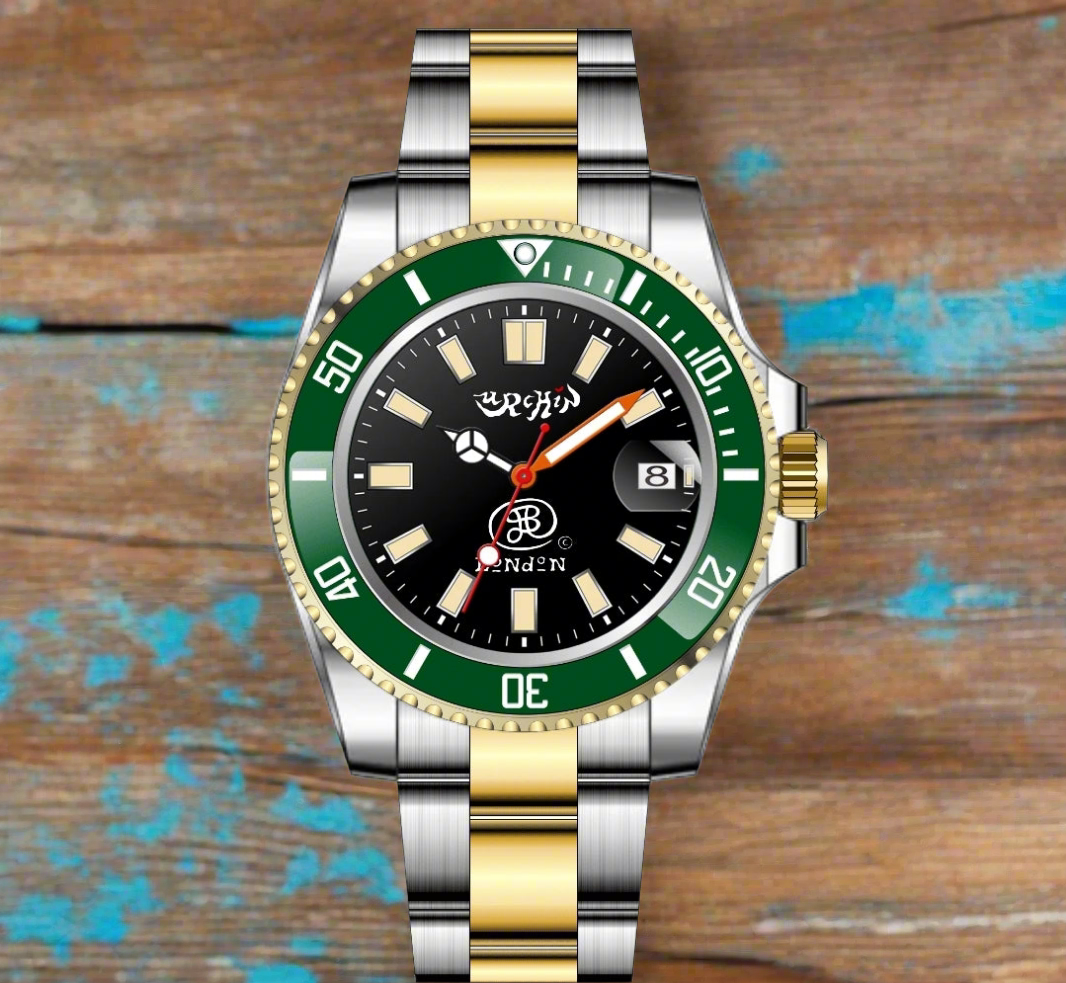 URCHIN Accessories & Watches. 'CRONOGRAPH DIVER' Black & Gold Face. 'Urchin' 'JSP London' Logo Watch. Green & White Bezel. Steel Body and Strap. *To Order only.