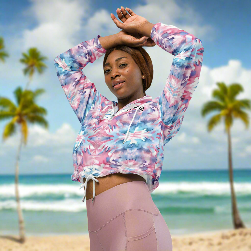 URCHIN Clothes & Sportswear 'CORAL SEA' Pink and Blue Tie Dye. Women’s cropped windbreaker. Choice of Sizes.