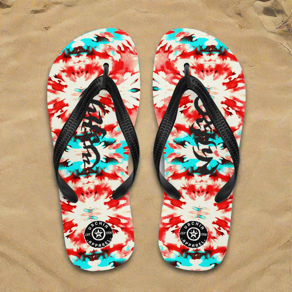 URCHIN Footwear. 'CORAL SEA' Red and Blue Tie Dye. Unisex Flip-Flops. Choice of Sizes.