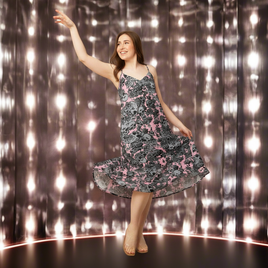 DARK URCHIN-'U Skull Storm' Skulls, Hearts Daggers, & Roses Tattoo Design. Tie-strap midi dress. Colour 'Blush' ( Deep Pink) Choice of Sizes.