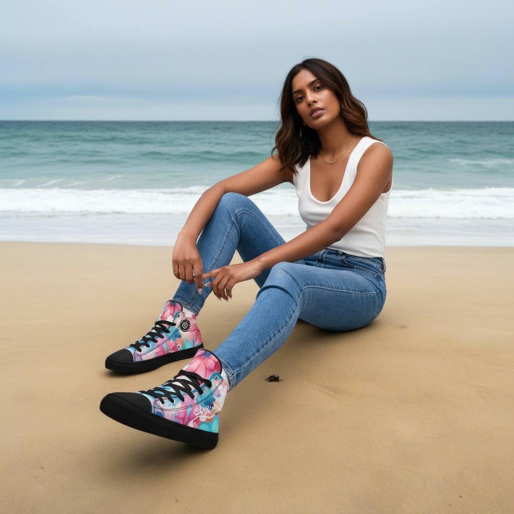 URCHIN Footwear 'U FLOWER'. Womens high tops. Black or White Detailing Option. Choice of Sizes.