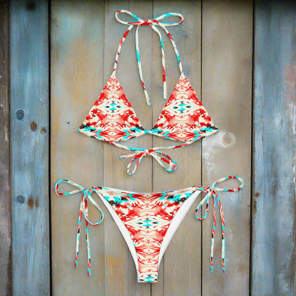 URCHIN Clothes & Swimwear. 'CORAL SEA' Red and Blue Tie Dye. Recycled String Bikini. Choice of Sizes.