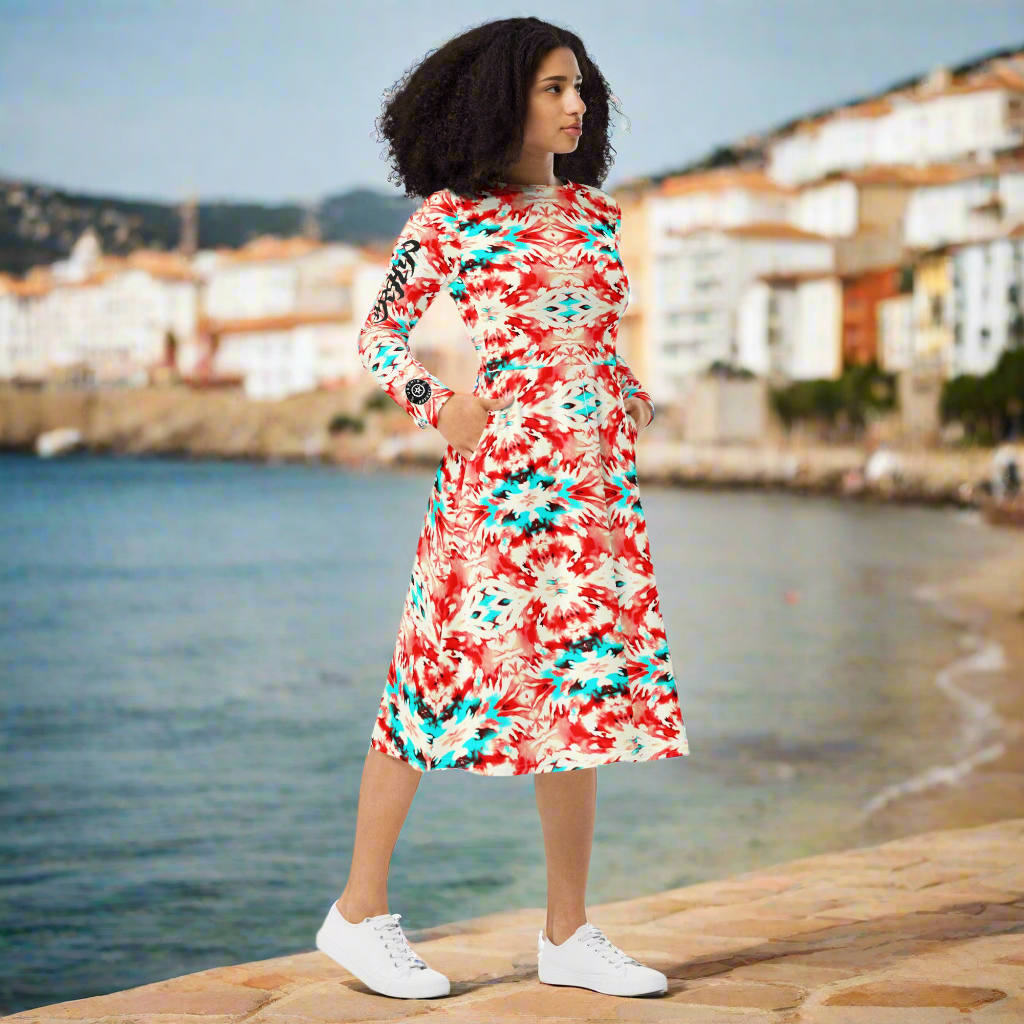 URCHIN Clothes 'CORAL SEA' Red and Blue Tie Dye. Long Sleeve Midi Dress. Choice of Sizes.