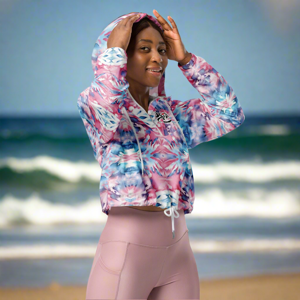 URCHIN Clothes & Sportswear 'CORAL SEA' Pink and Blue Tie Dye. Women’s cropped windbreaker. Choice of Sizes.