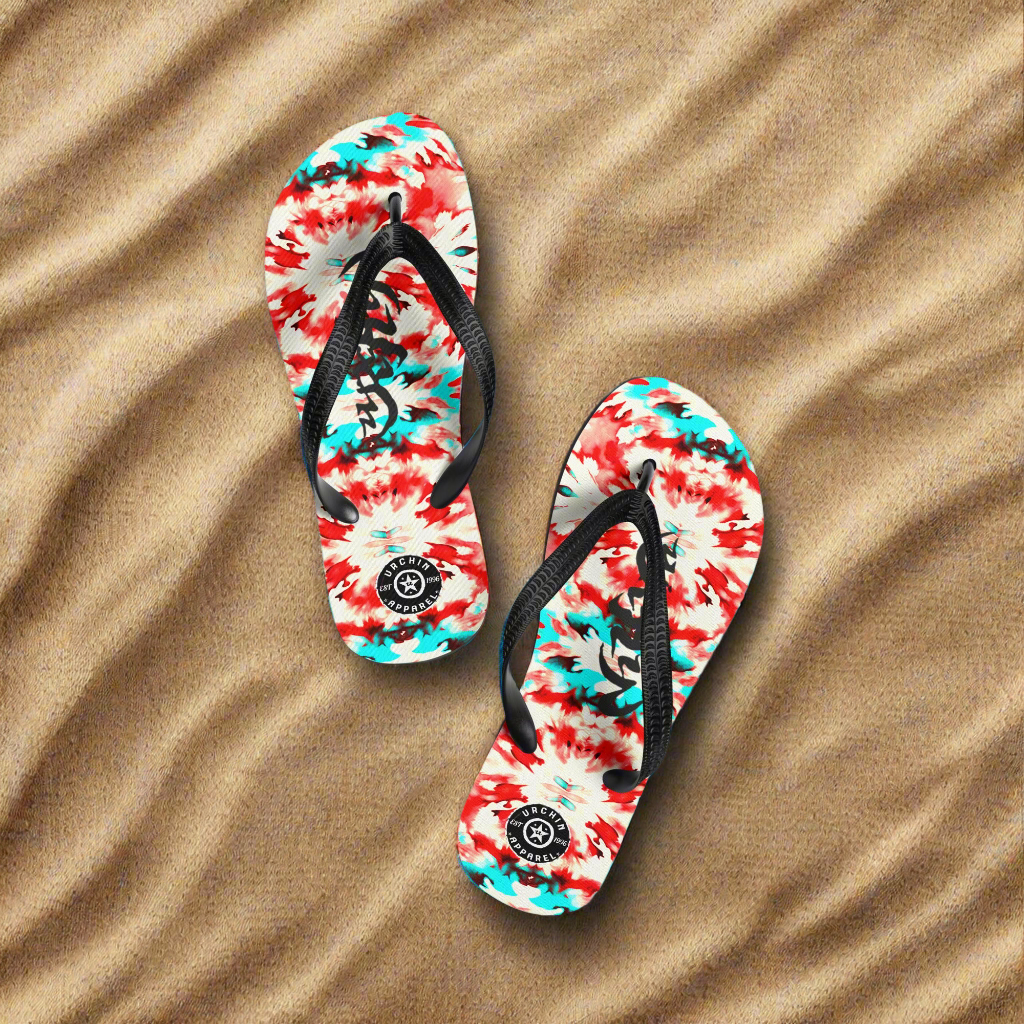URCHIN Footwear. 'CORAL SEA' Red and Blue Tie Dye. Unisex Flip-Flops. Choice of Sizes.