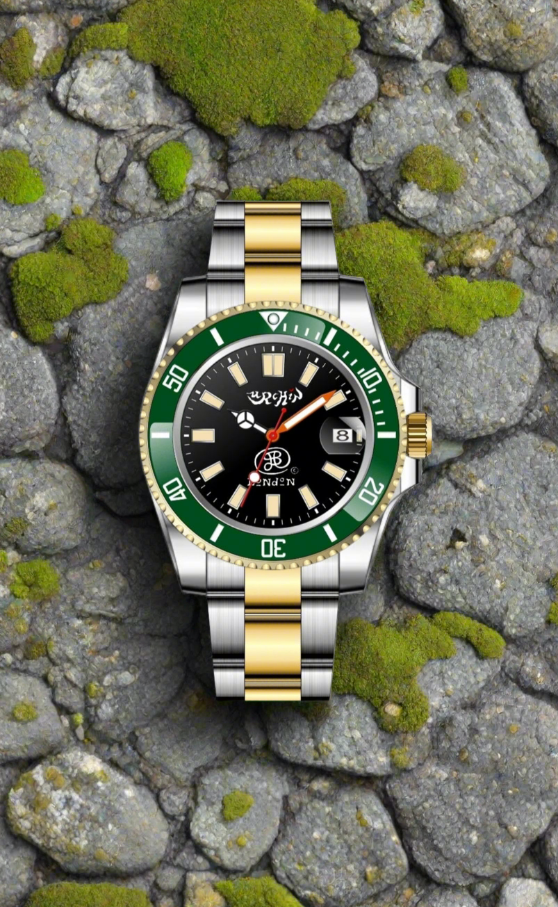 URCHIN Accessories & Watches. 'CRONOGRAPH DIVER' Black & Gold Face. 'Urchin' 'JSP London' Logo Watch. Green & White Bezel. Steel Body and Strap. *To Order only.