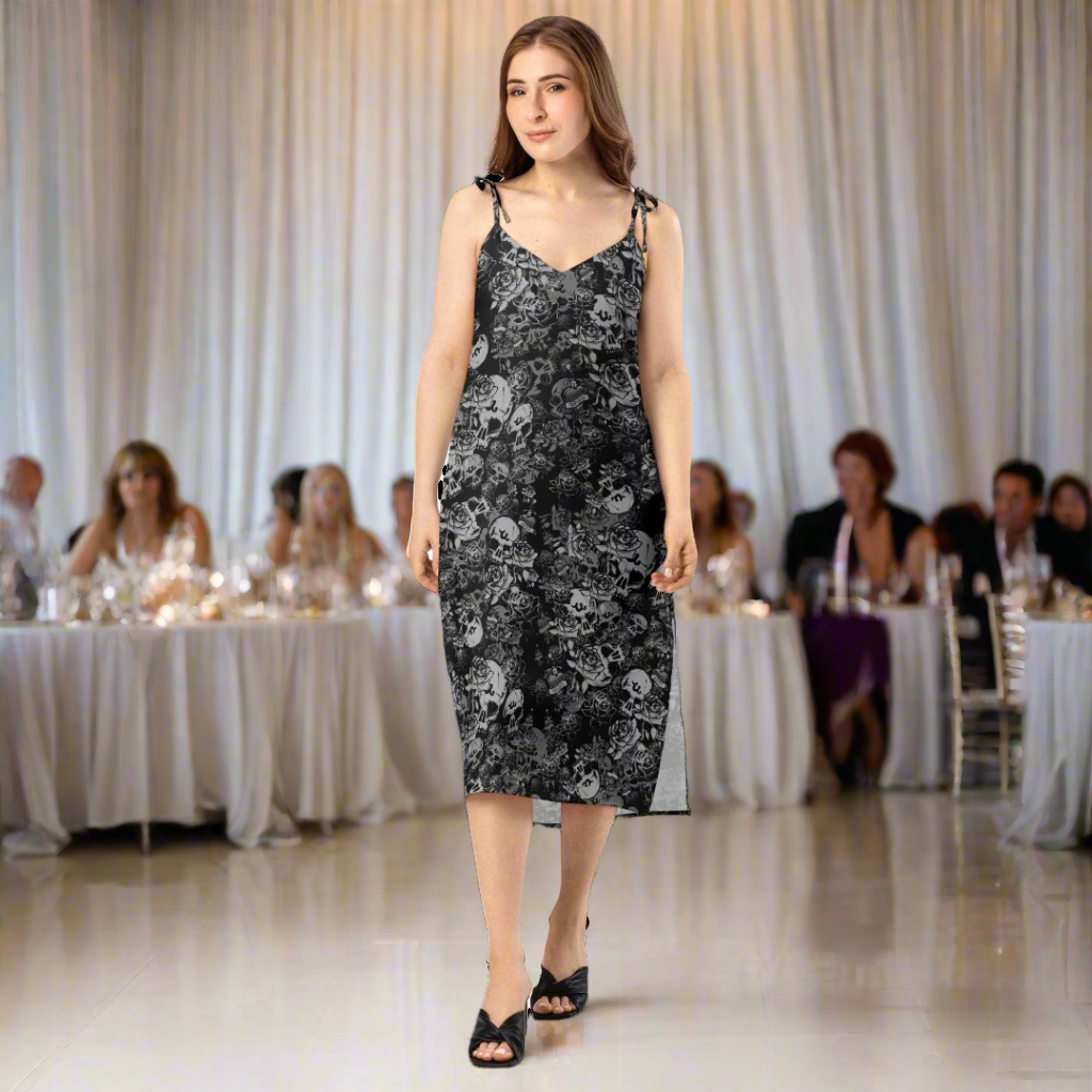 DARK URCHIN-'U Skull Storm' Skulls, Hearts Daggers, & Roses Tattoo Design. Tie-strap midi dress. Colour 'Night' (Black) Choice of Sizes.