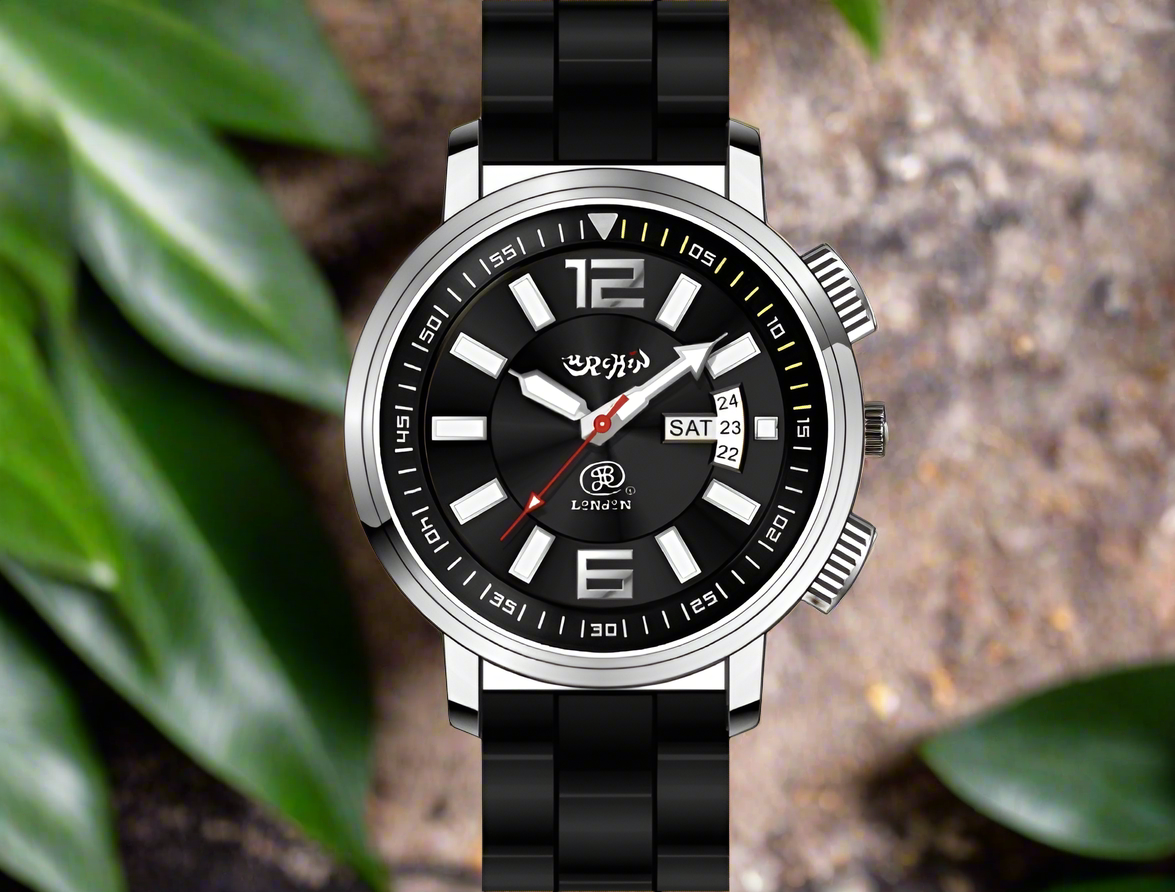 URCHIN Accessories & Watches. Black 'RETRO DIVER' 'Urchin London' Logo Watch. Rubber Strap. *To Order only.