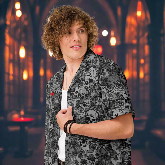 DARK URCHIN-'U Skull Storm' Unisex Shirt. Skulls, Hearts Daggers, & Roses Tattoo Design. Colour 'Metal' ( light Grey) Red Logo. Choice of Sizes.