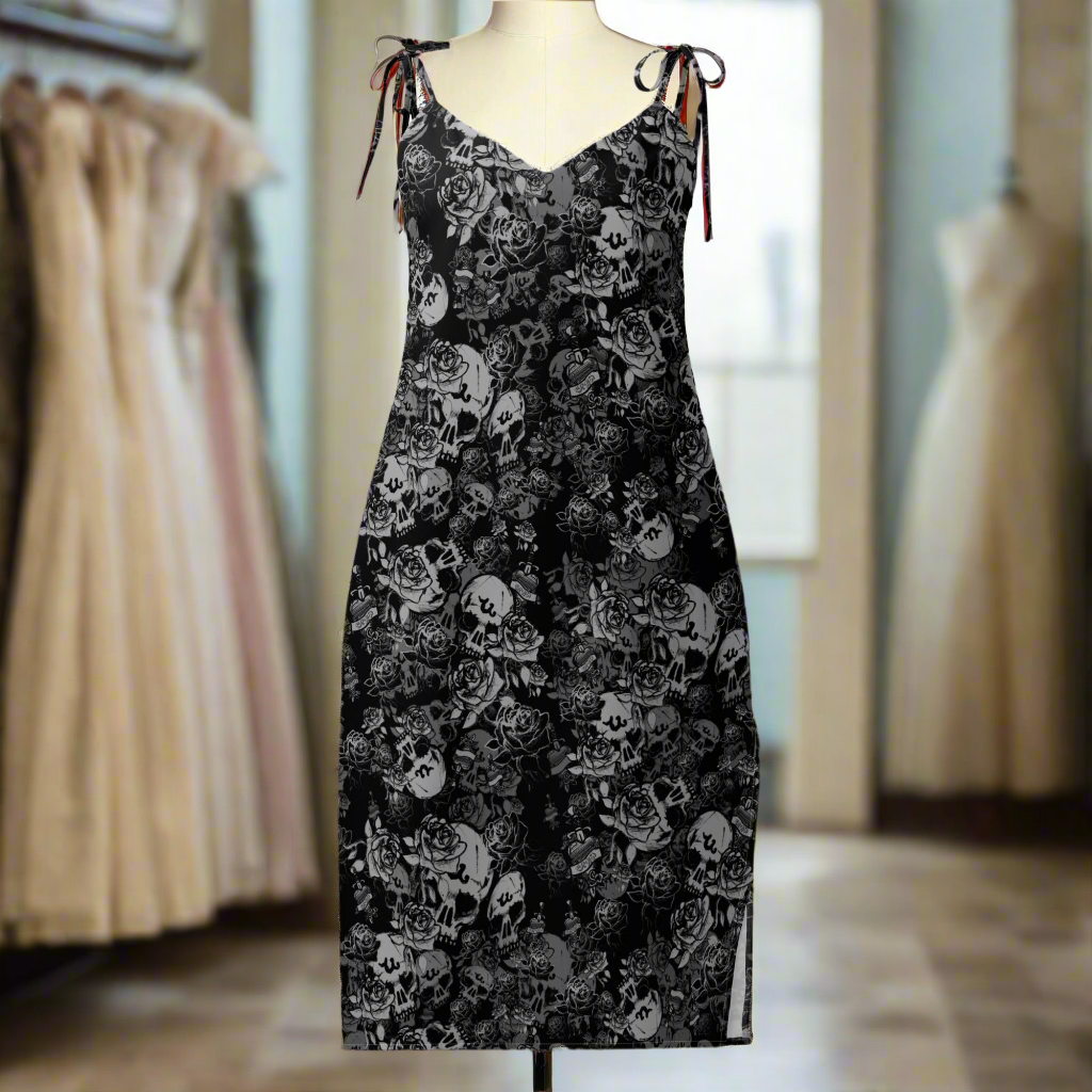 DARK URCHIN-'U Skull Storm' Skulls, Hearts Daggers, & Roses Tattoo Design. Tie-strap midi dress. Colour 'Night' (Black) Choice of Sizes.