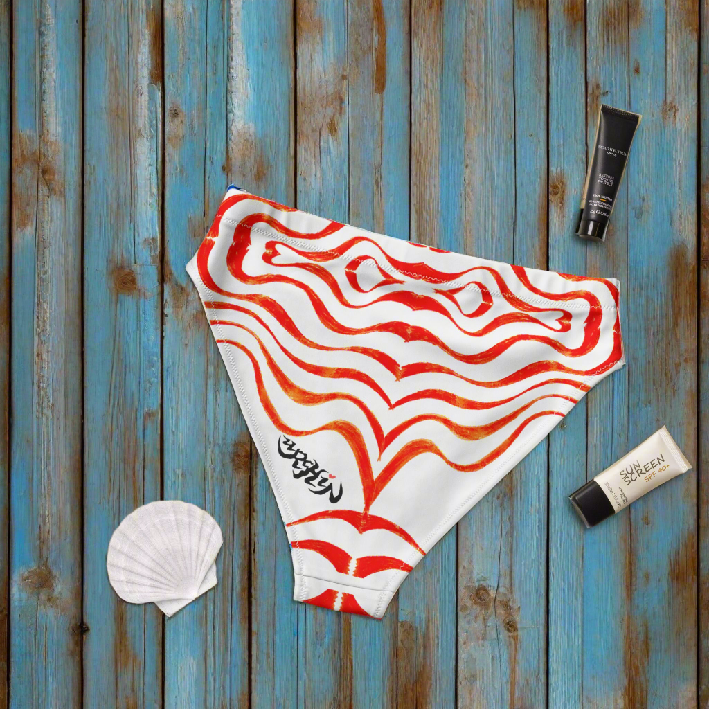 URCHIN Clothes & Swimwear. 'TATTOO WAVE' RED. Recycled high-waisted bikini bottom. Choice of Sizes.