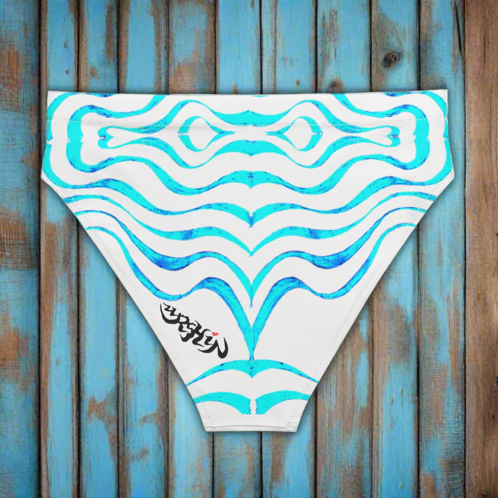 URCHIN Clothes & Swimwear. 'TATTOO WAVE' BLUE. Recycled high-waisted bikini bottom