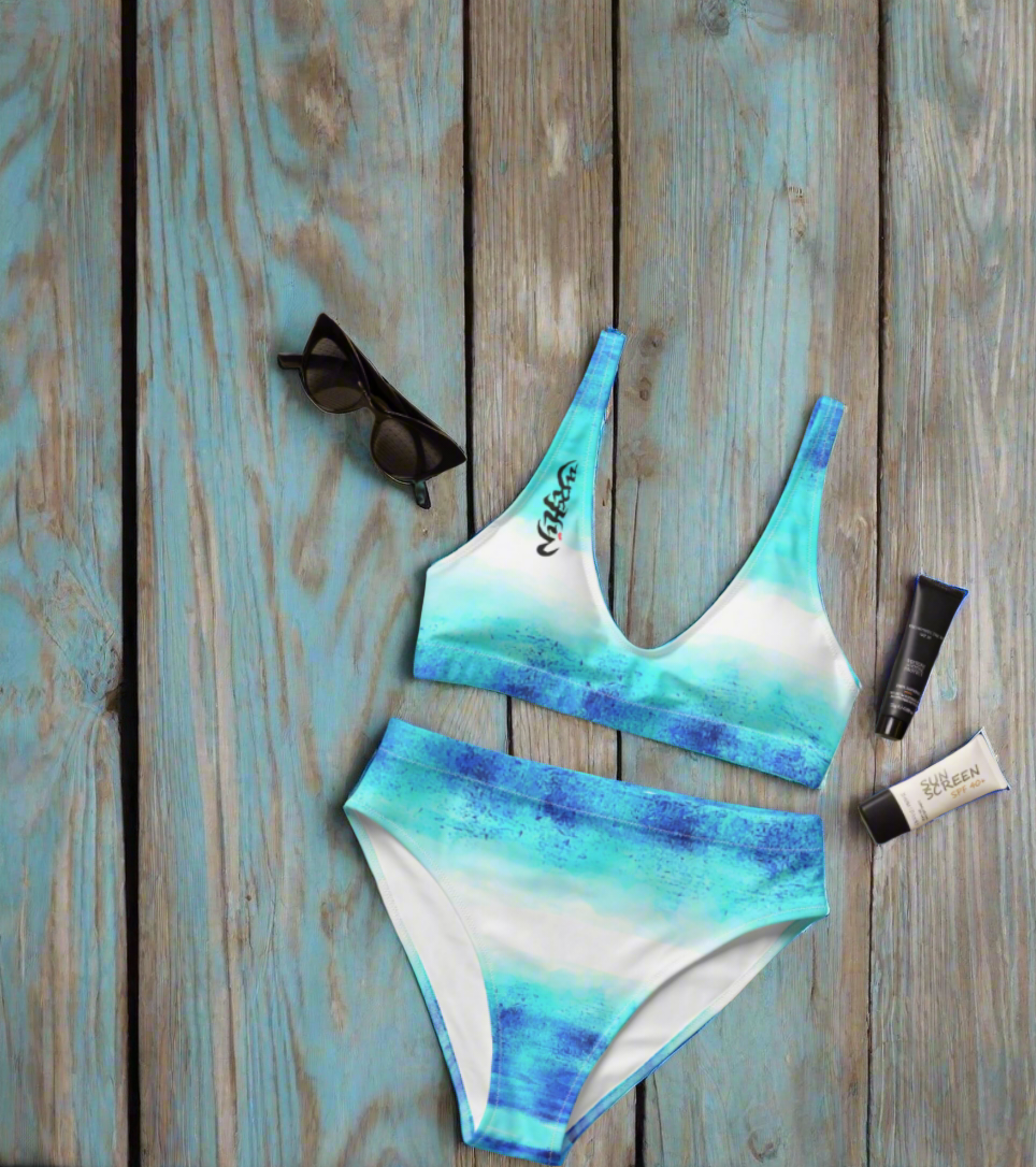 URCHIN Clothes & Swimwear. 'BLUE DREAM' Recycled high-waisted bikini. Choice of Sizes.
