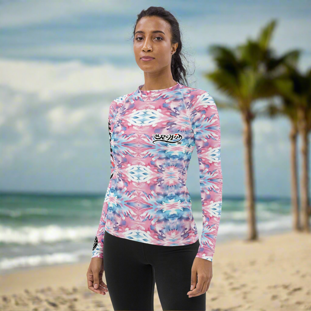 URCHIN Clothes & Swimwear. 'CORAL SEA' Pink and Blue Tie Dye. Womens Rash Guard. Choice of Sizes.