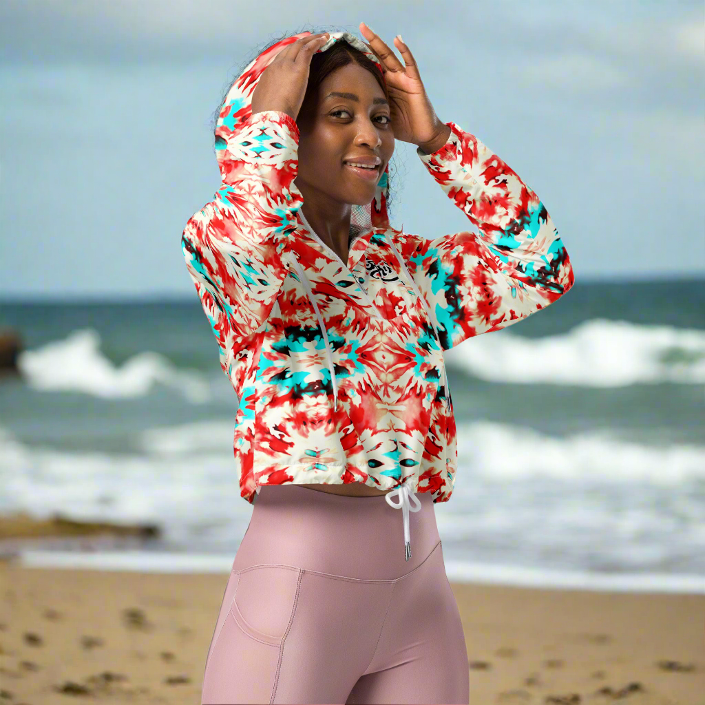URCHIN Clothes & Sportswear 'CORAL SEA' Red and Blue Tie Dye. Women’s Cropped Windbreaker. Choice of Sizes.
