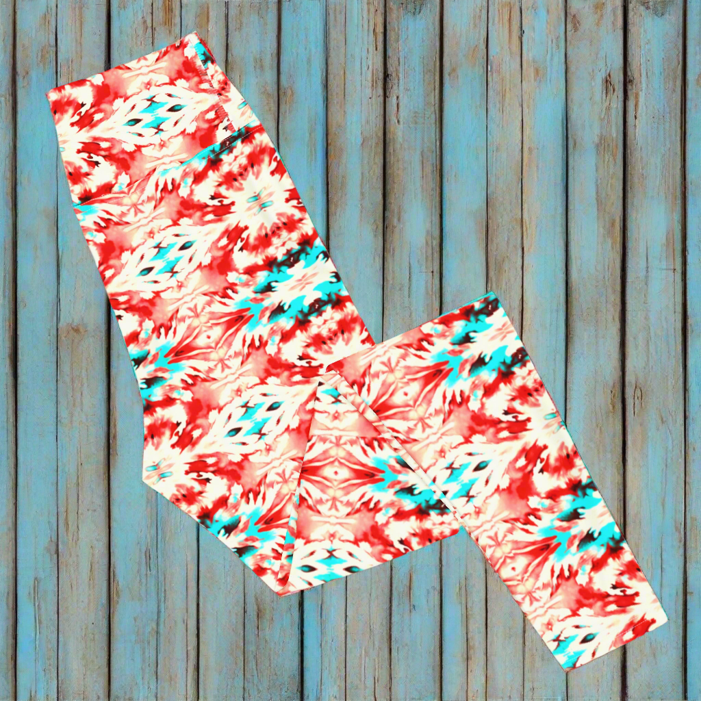 URCHIN Clothes & Sportswear 'CORAL SEA' Red and Blue Tie Dye. Yoga Leggings. Choice of Sizes.